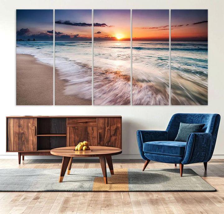 A serene triptych titled "Large Ocean Sunset Canvas Wall Art" features waves gently crashing under a golden reflection. This beach waves art print enhances the room's seaside ambiance.