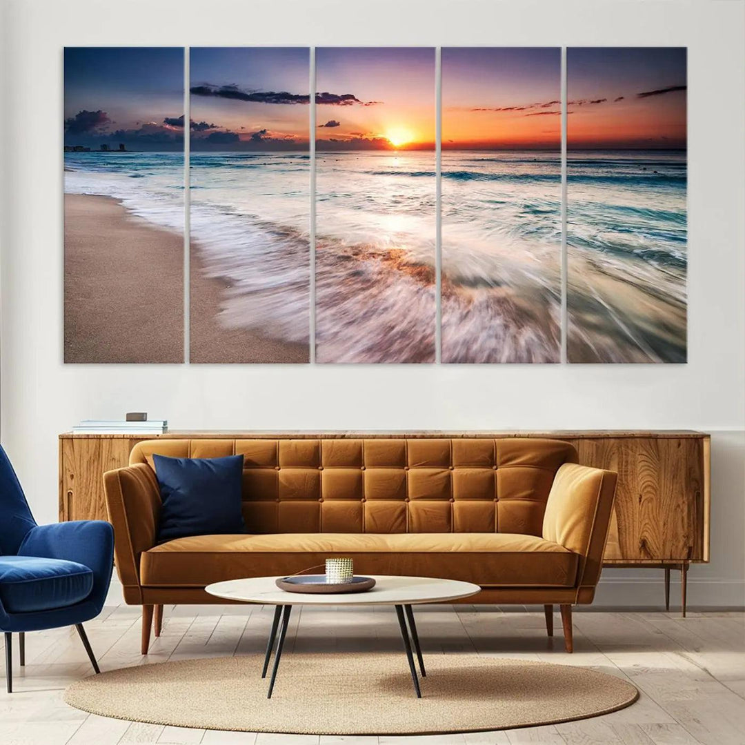 A serene triptych titled "Large Ocean Sunset Canvas Wall Art" features waves gently crashing under a golden reflection. This beach waves art print enhances the room's seaside ambiance.