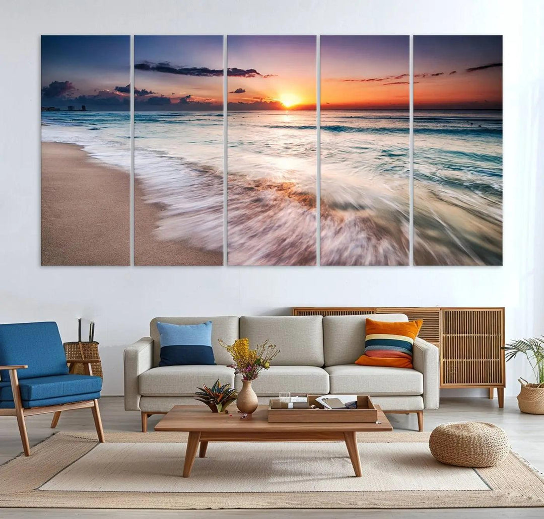 A serene triptych titled "Large Ocean Sunset Canvas Wall Art" features waves gently crashing under a golden reflection. This beach waves art print enhances the room's seaside ambiance.