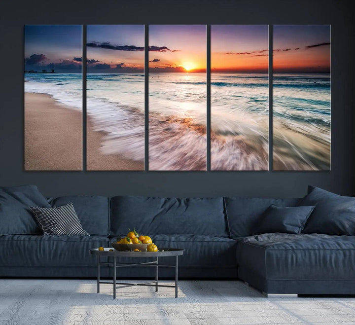 A serene triptych titled "Large Ocean Sunset Canvas Wall Art" features waves gently crashing under a golden reflection. This beach waves art print enhances the room's seaside ambiance.