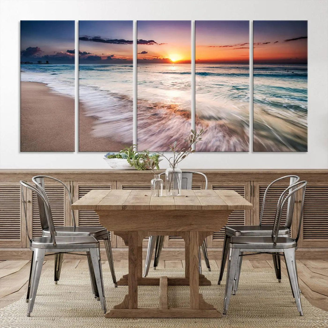 A serene triptych titled "Large Ocean Sunset Canvas Wall Art" features waves gently crashing under a golden reflection. This beach waves art print enhances the room's seaside ambiance.