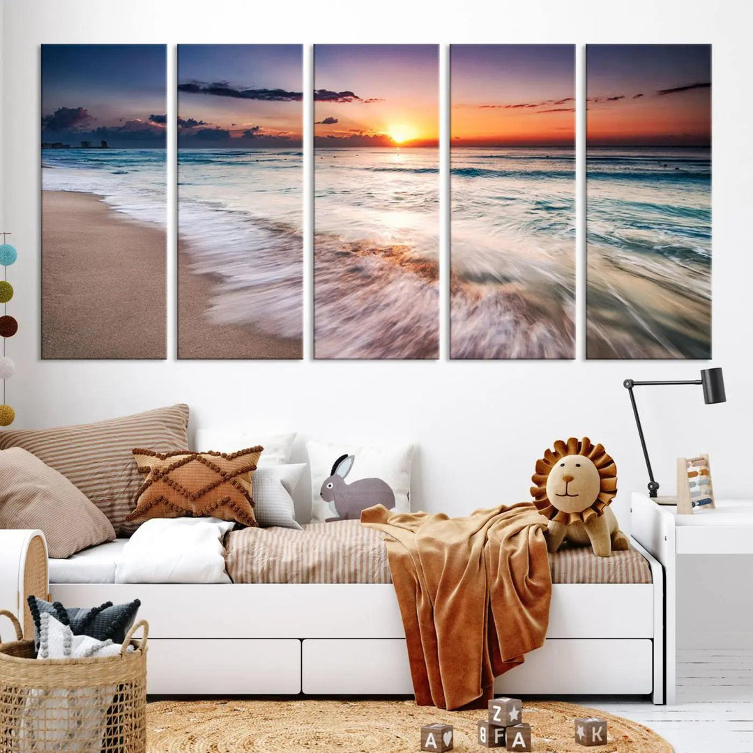 A serene triptych titled "Large Ocean Sunset Canvas Wall Art" features waves gently crashing under a golden reflection. This beach waves art print enhances the room's seaside ambiance.