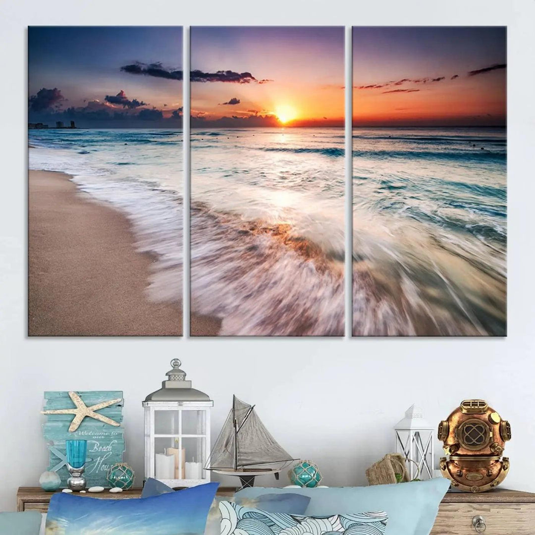 A serene triptych titled "Large Ocean Sunset Canvas Wall Art" features waves gently crashing under a golden reflection. This beach waves art print enhances the room's seaside ambiance.