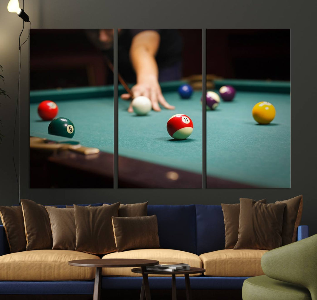 The Large Wall Art Billiard Balls Canvas Print hangs prominently on the wall.