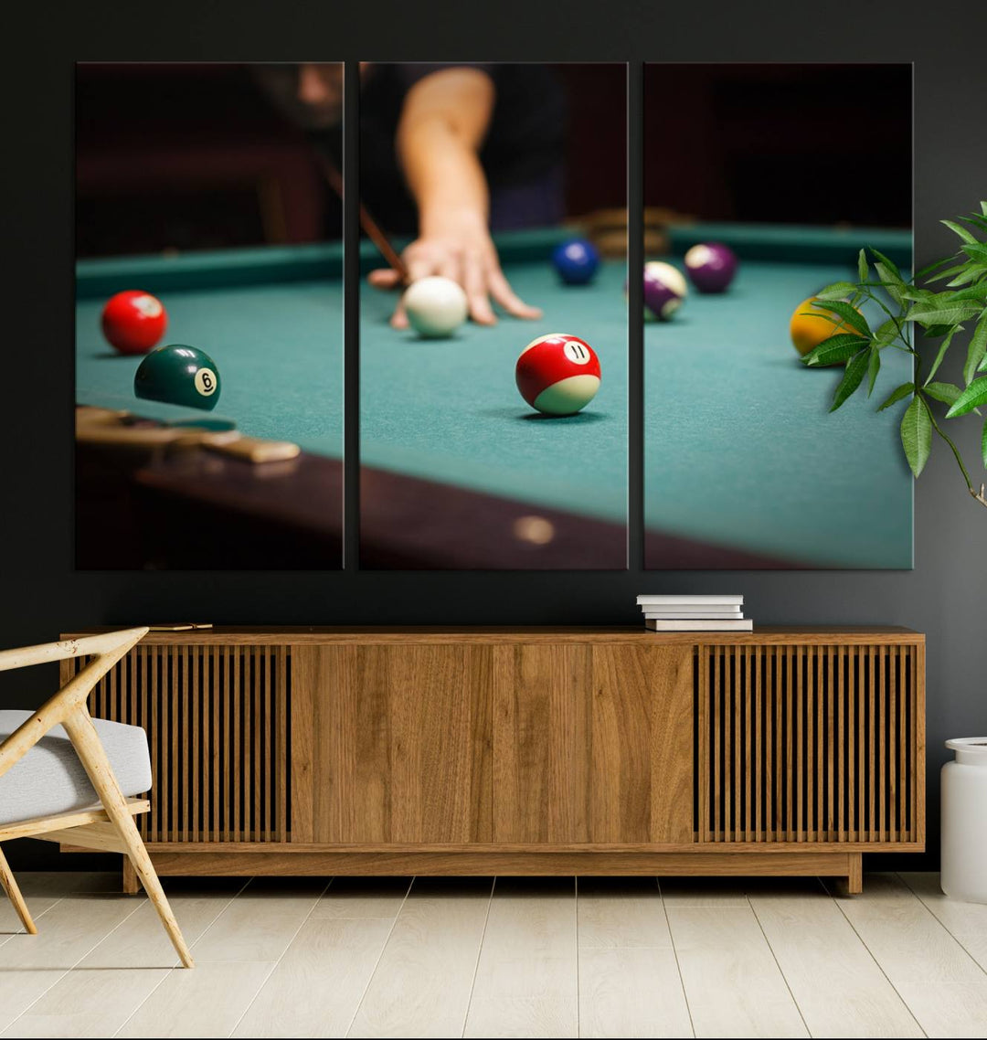 The Large Wall Art Billiard Balls Canvas Print hangs prominently on the wall.