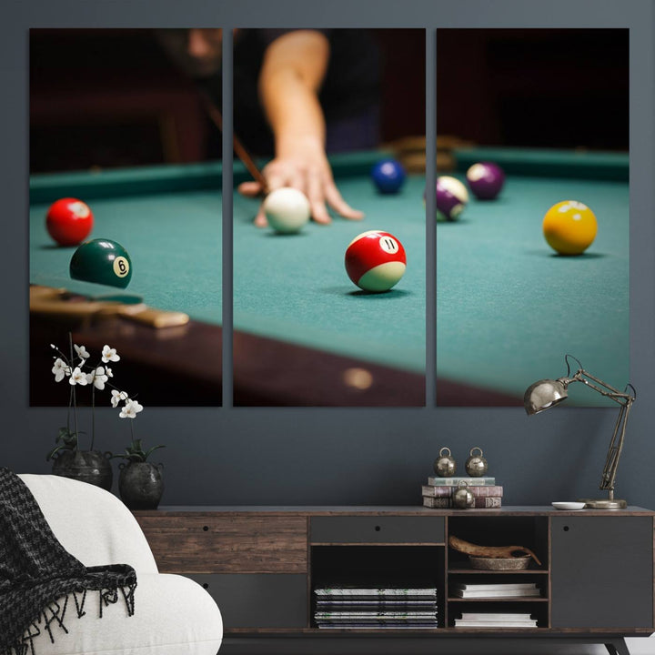 The Large Wall Art Billiard Balls Canvas Print hangs prominently on the wall.