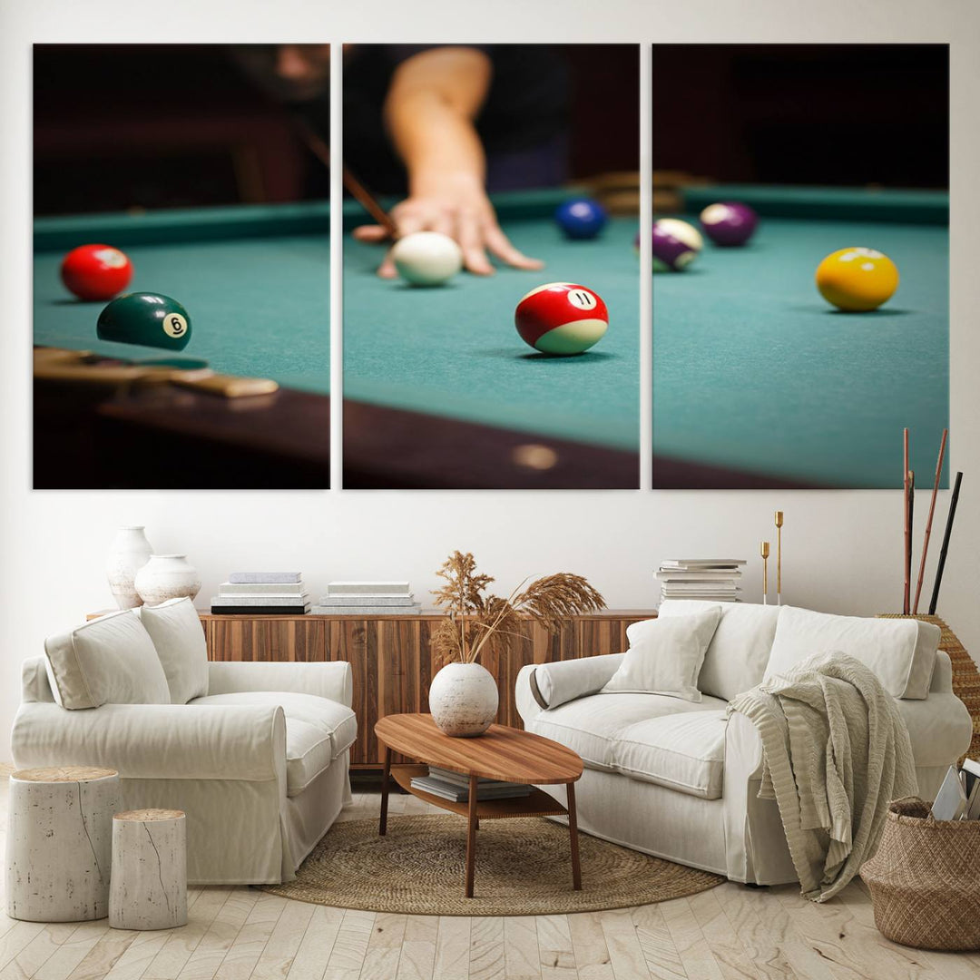 The Large Wall Art Billiard Balls Canvas Print hangs prominently on the wall.