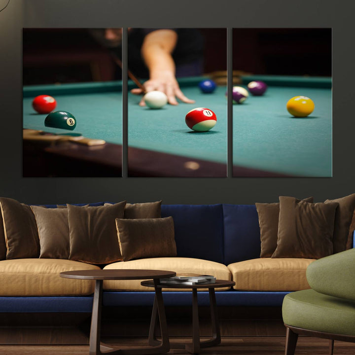 The Large Wall Art Billiard Balls Canvas Print hangs prominently on the wall.