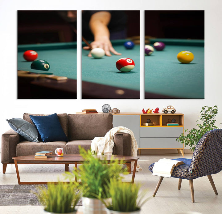 The Large Wall Art Billiard Balls Canvas Print hangs prominently on the wall.