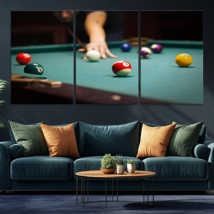 The Large Wall Art Billiard Balls Canvas Print hangs prominently on the wall.