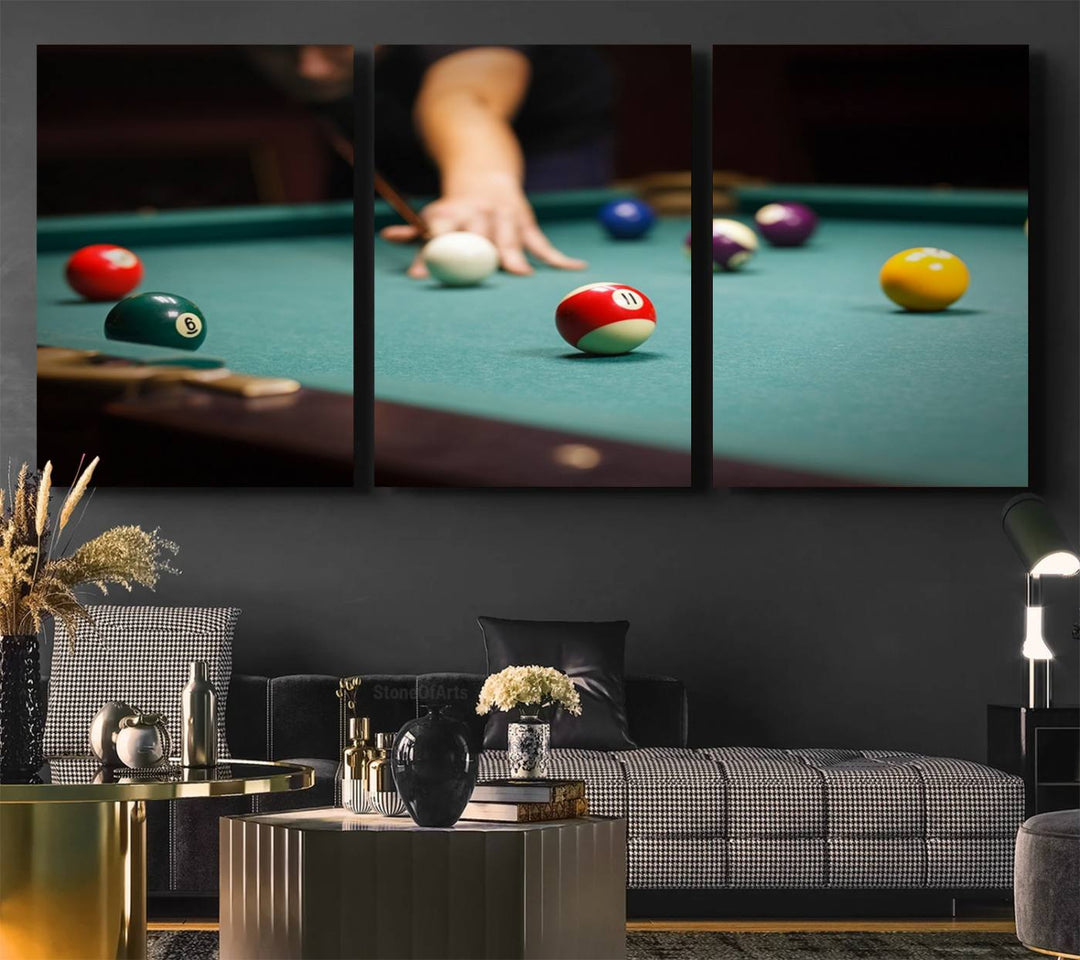 The Large Wall Art Billiard Balls Canvas Print hangs prominently on the wall.