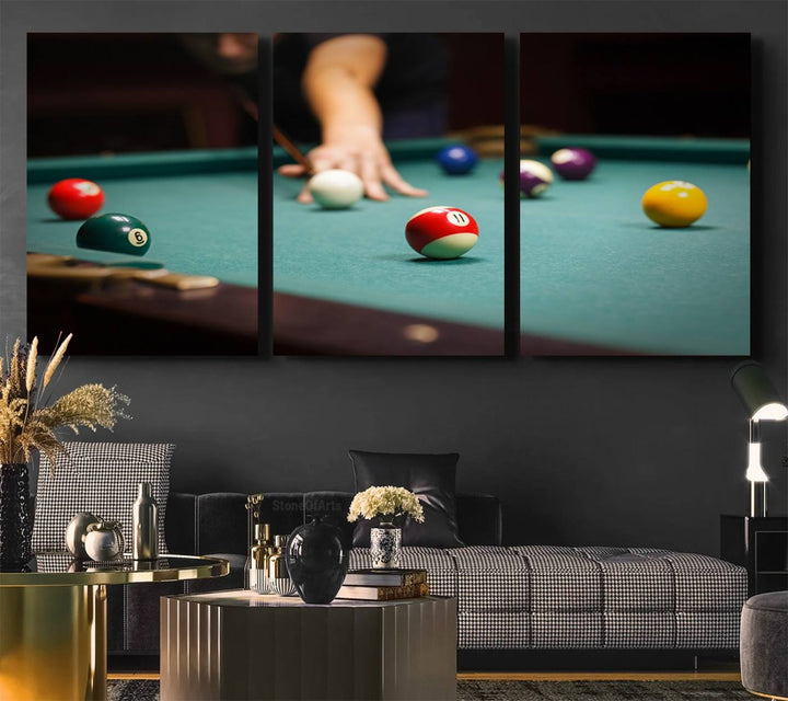 The Large Wall Art Billiard Balls Canvas Print hangs prominently on the wall.