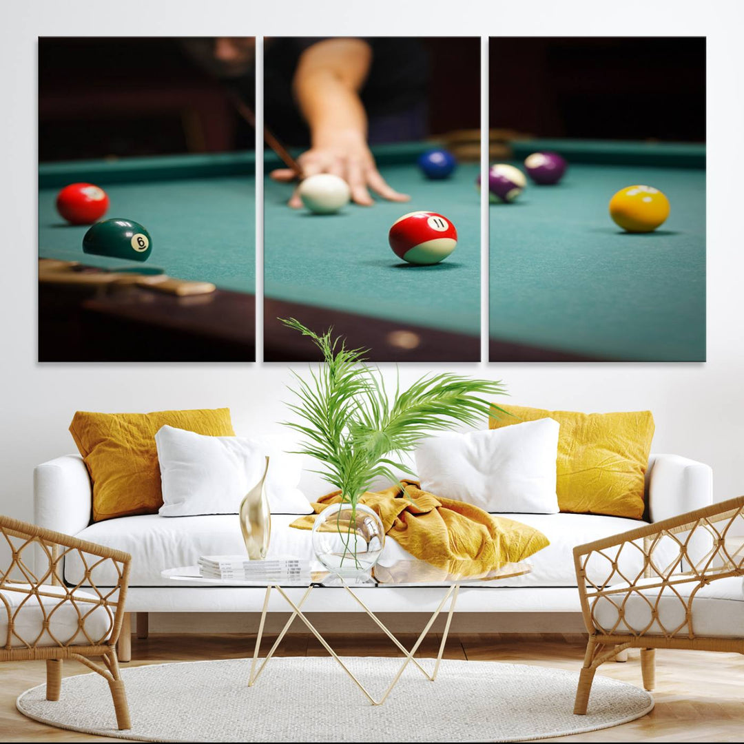 The Large Wall Art Billiard Balls Canvas Print hangs prominently on the wall.