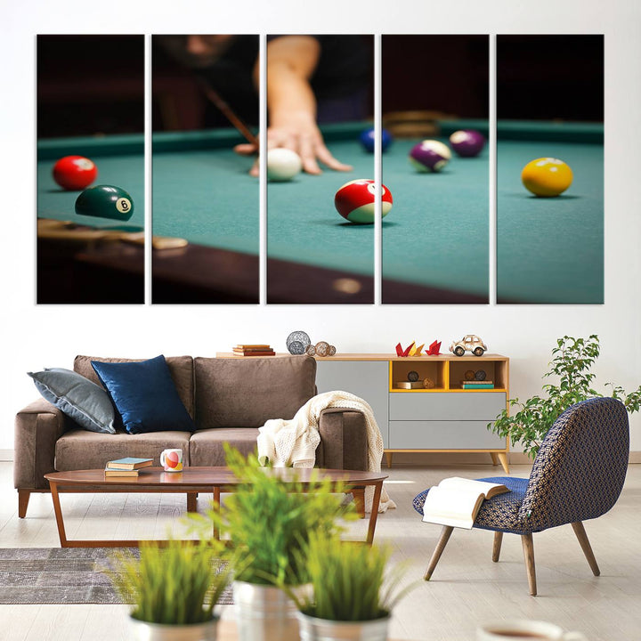 The Large Wall Art Billiard Balls Canvas Print hangs prominently on the wall.