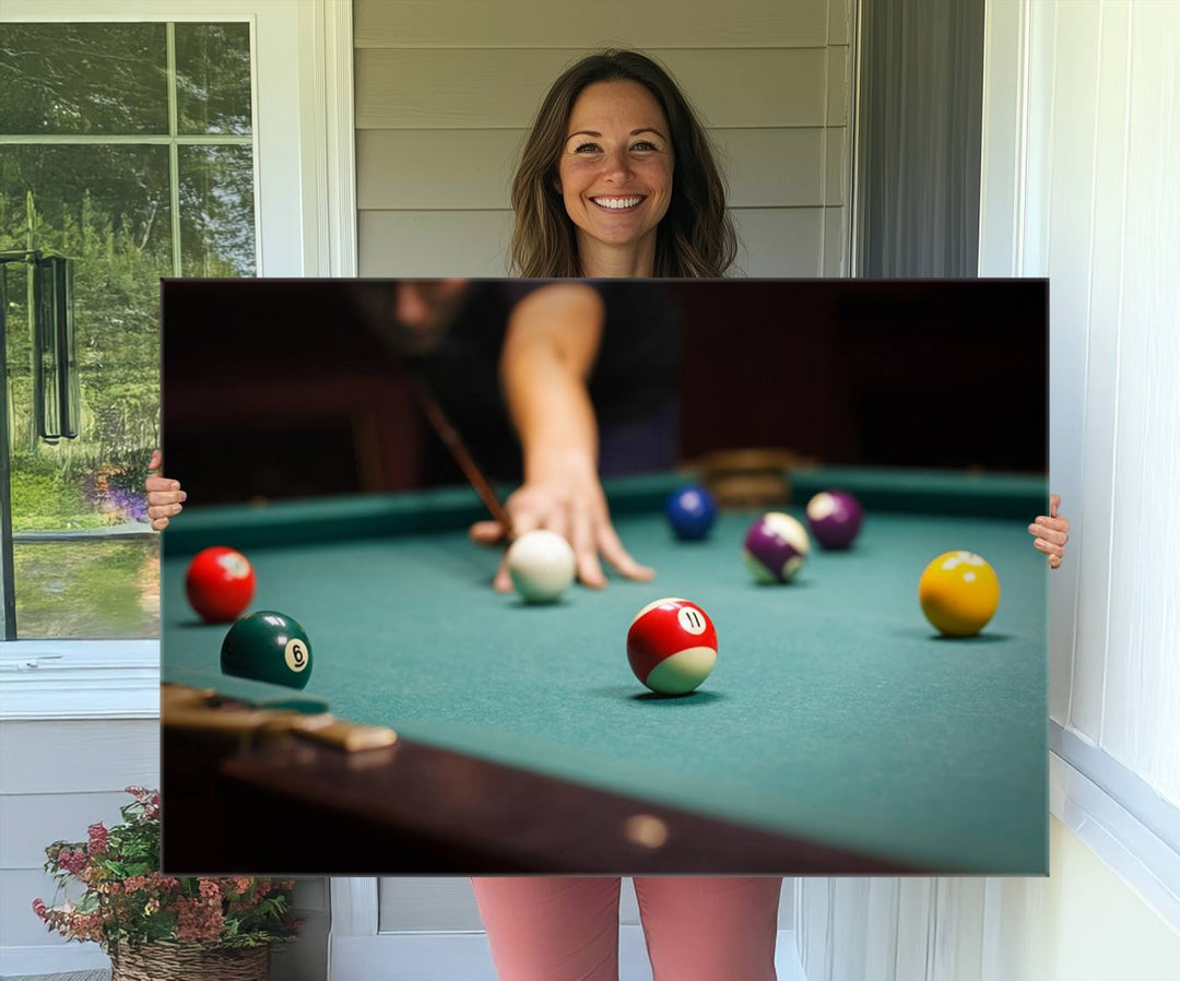 The Large Wall Art Billiard Balls Canvas Print hangs prominently on the wall.