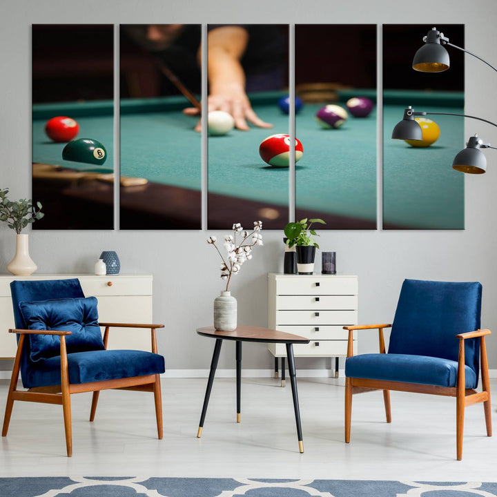 The Large Wall Art Billiard Balls Canvas Print hangs prominently on the wall.