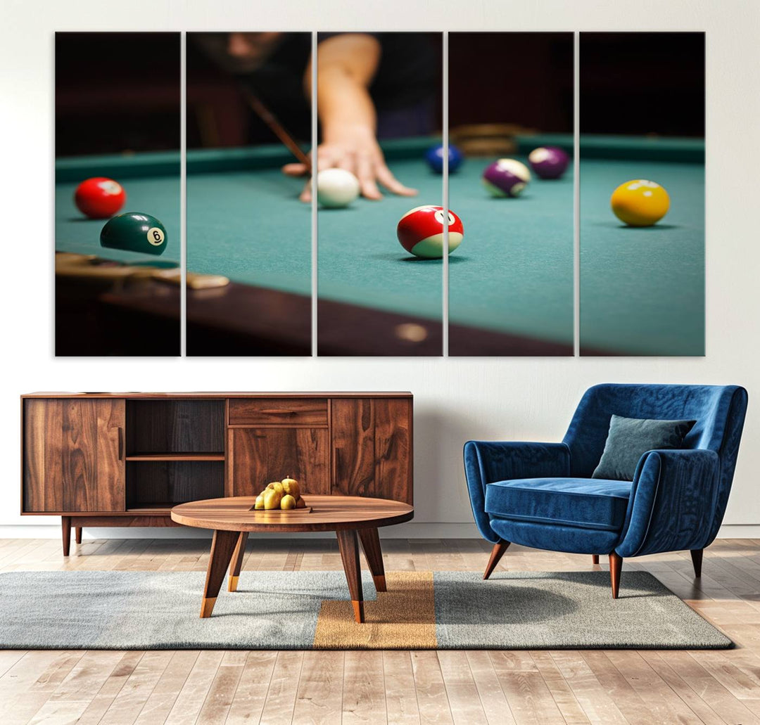 The Large Wall Art Billiard Balls Canvas Print hangs prominently on the wall.