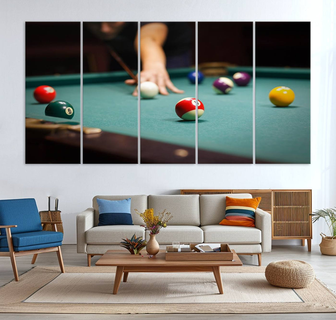 The Large Wall Art Billiard Balls Canvas Print hangs prominently on the wall.