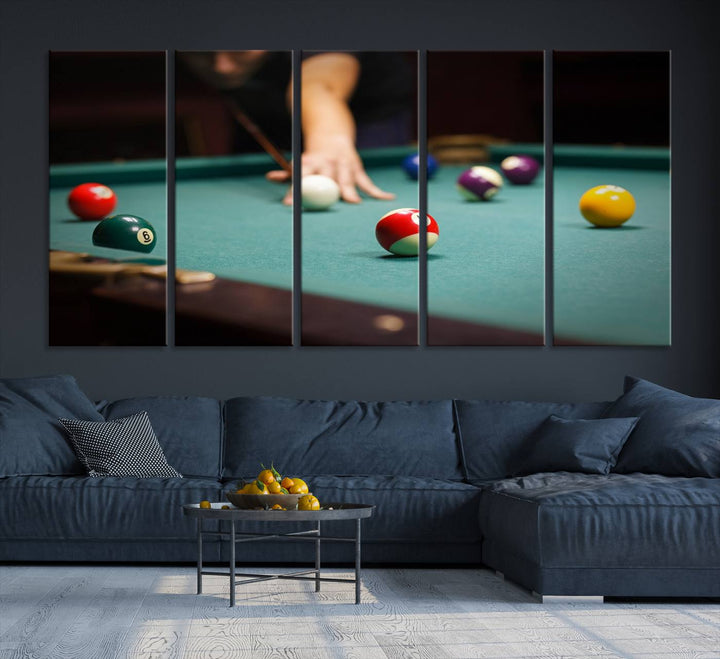 The Large Wall Art Billiard Balls Canvas Print hangs prominently on the wall.