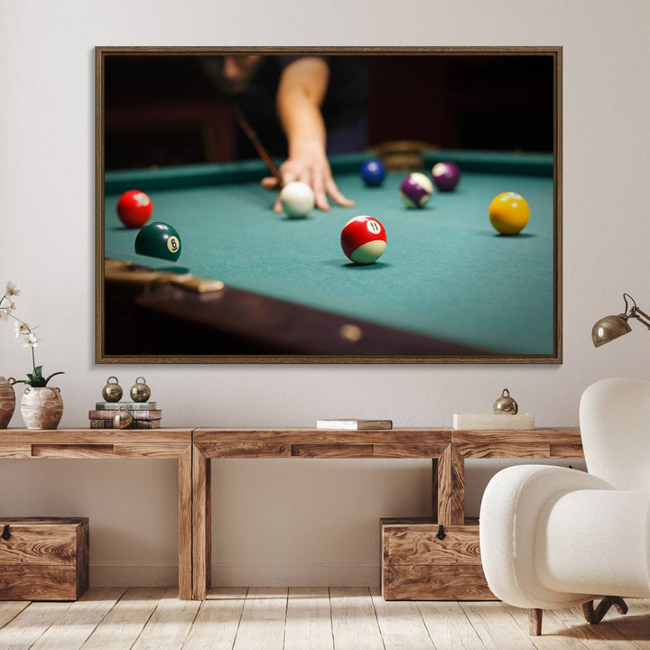 The Large Wall Art Billiard Balls Canvas Print hangs prominently on the wall.