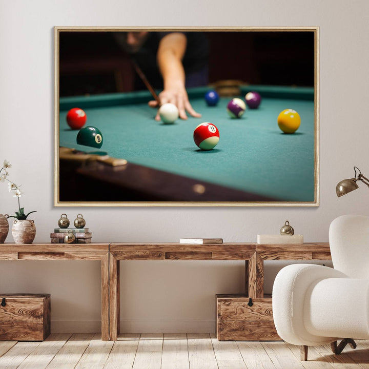 The Large Wall Art Billiard Balls Canvas Print hangs prominently on the wall.