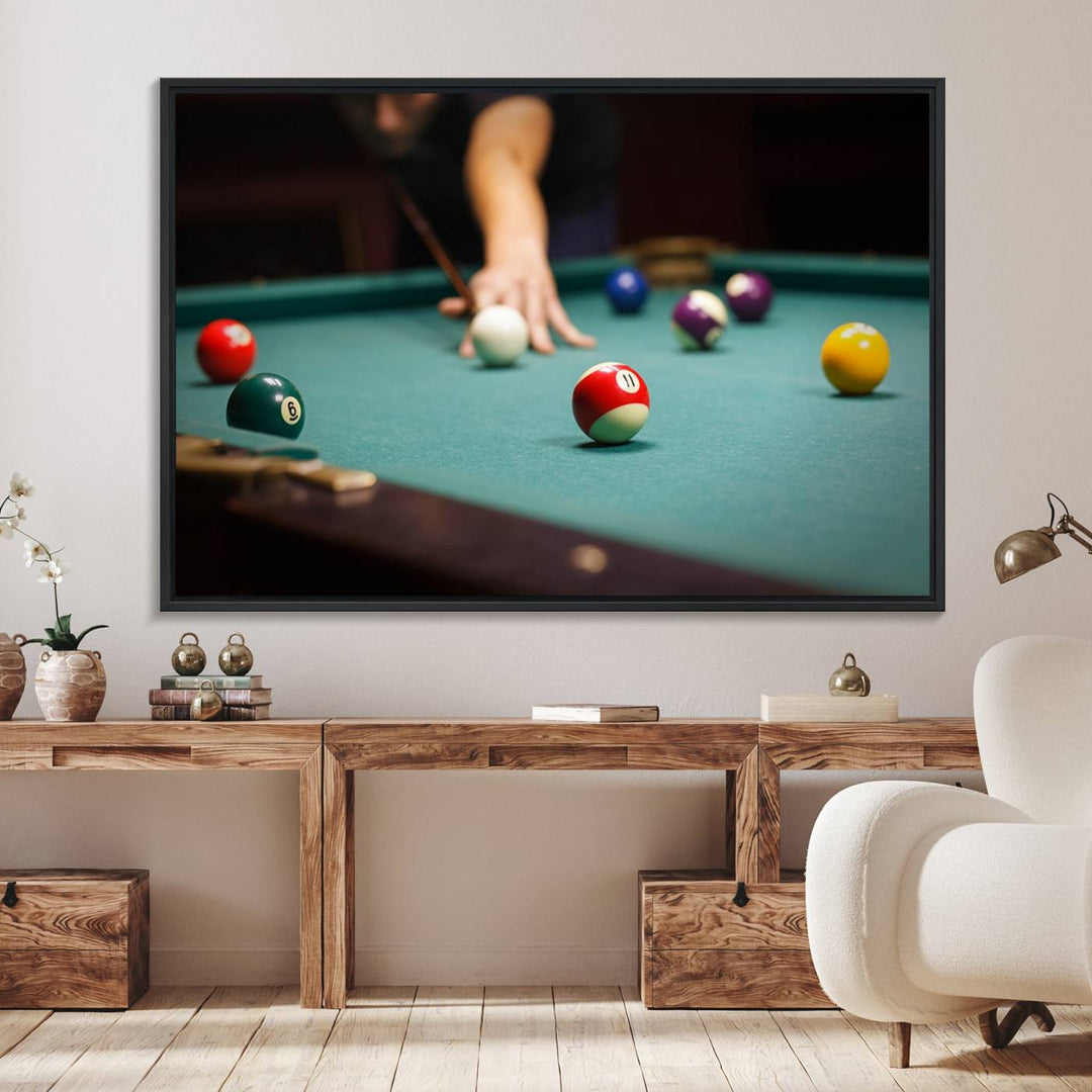 The Large Wall Art Billiard Balls Canvas Print hangs prominently on the wall.