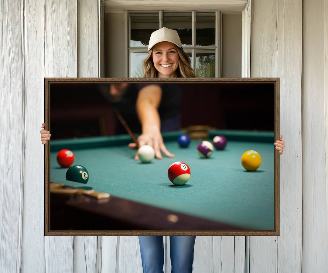 The Large Wall Art Billiard Balls Canvas Print hangs prominently on the wall.