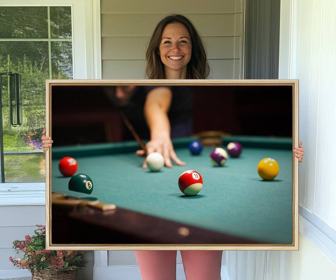 The Large Wall Art Billiard Balls Canvas Print hangs prominently on the wall.