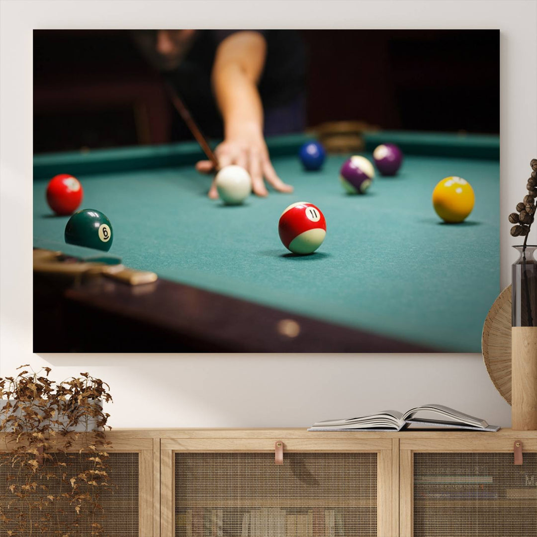 The Large Wall Art Billiard Balls Canvas Print hangs prominently on the wall.