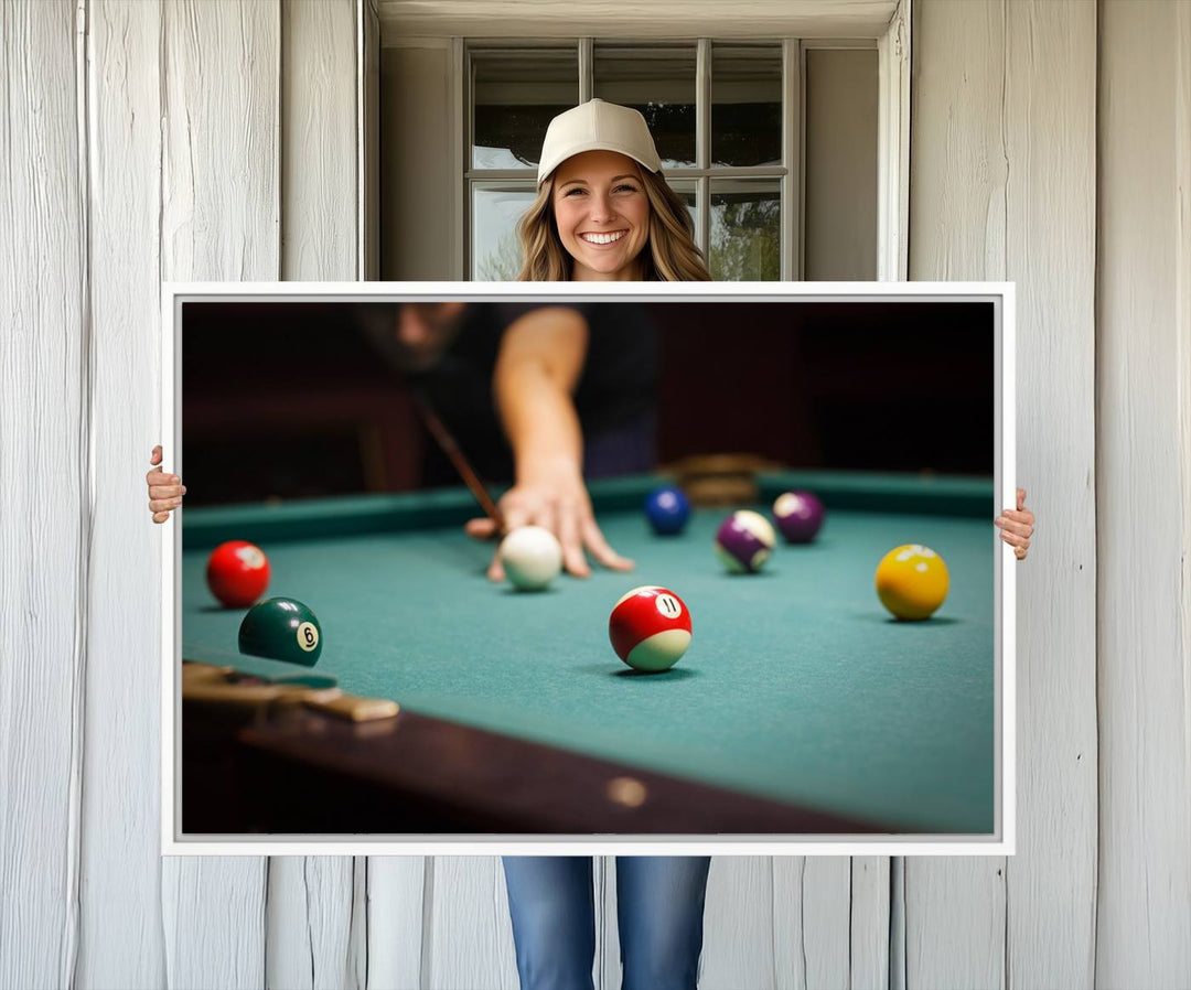 The Large Wall Art Billiard Balls Canvas Print hangs prominently on the wall.