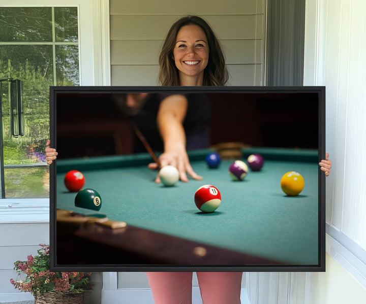 The Large Wall Art Billiard Balls Canvas Print hangs prominently on the wall.