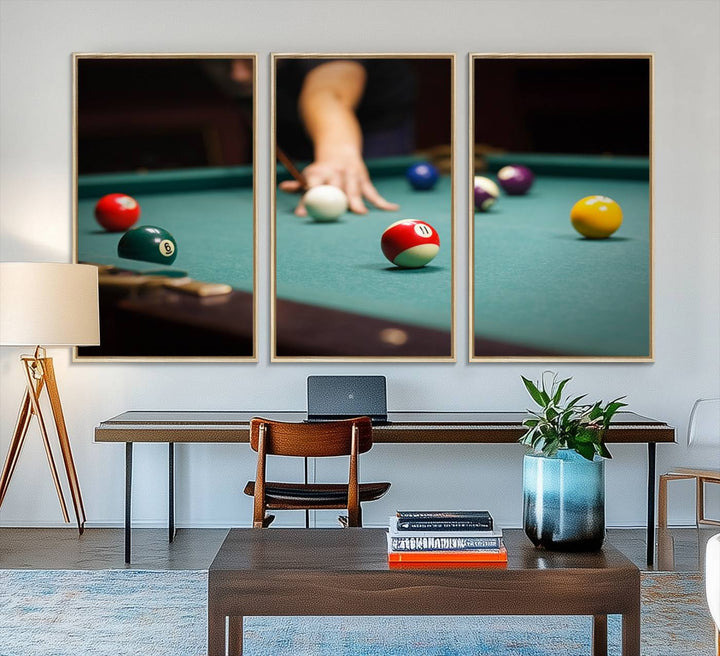 The Large Wall Art Billiard Balls Canvas Print hangs prominently on the wall.