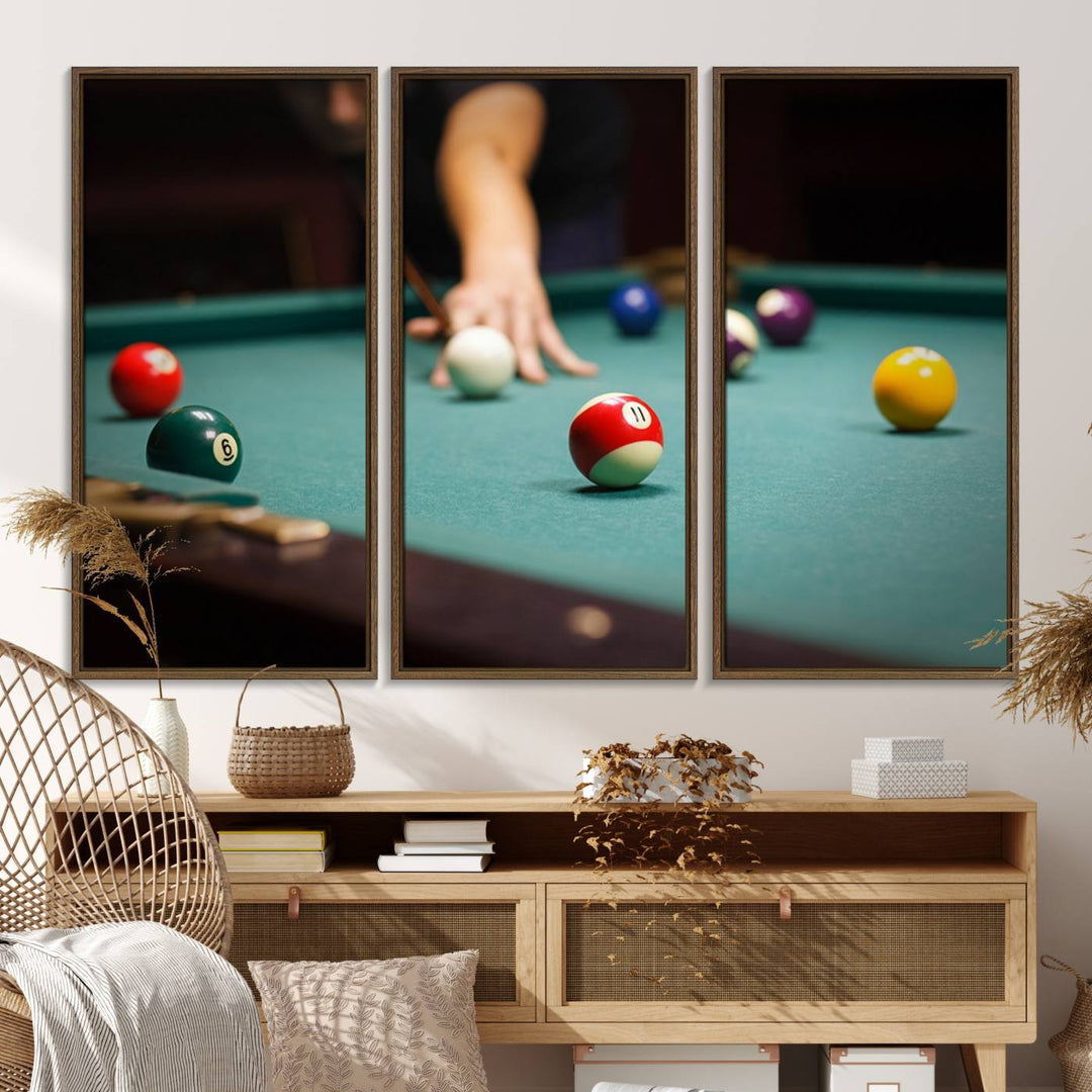 The Large Wall Art Billiard Balls Canvas Print hangs prominently on the wall.