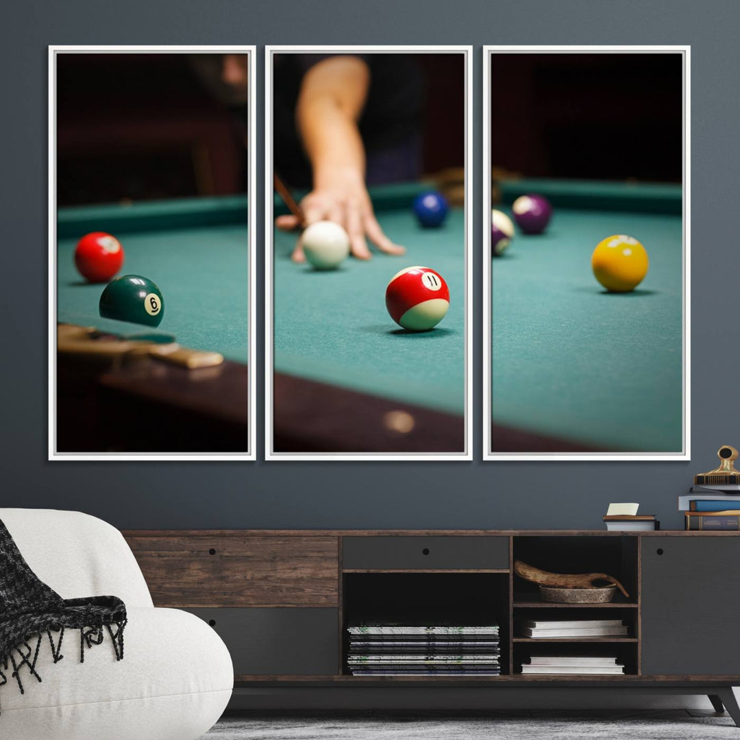 The Large Wall Art Billiard Balls Canvas Print hangs prominently on the wall.