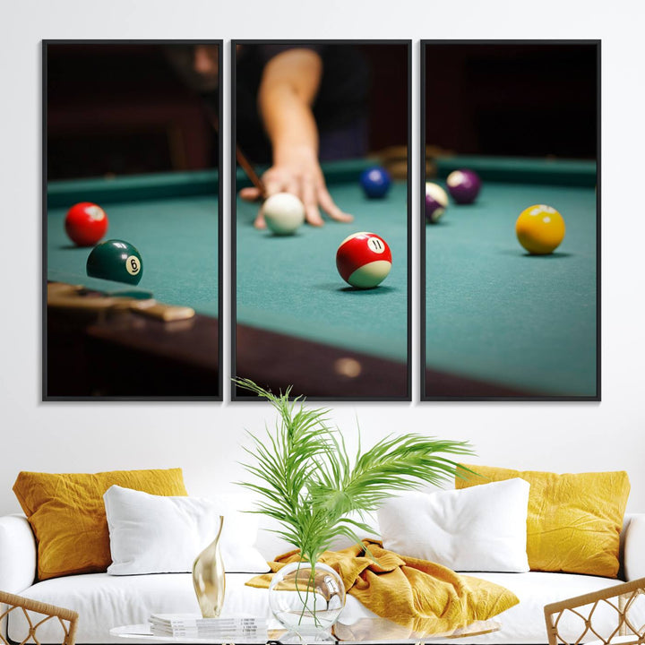 The Large Wall Art Billiard Balls Canvas Print hangs prominently on the wall.