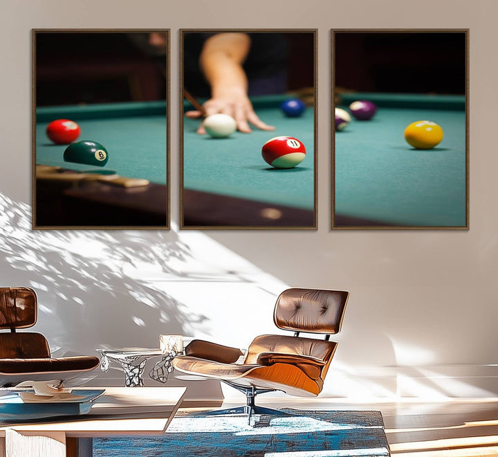 The Large Wall Art Billiard Balls Canvas Print hangs prominently on the wall.