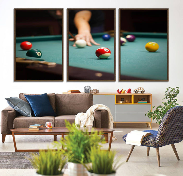 The Large Wall Art Billiard Balls Canvas Print hangs prominently on the wall.