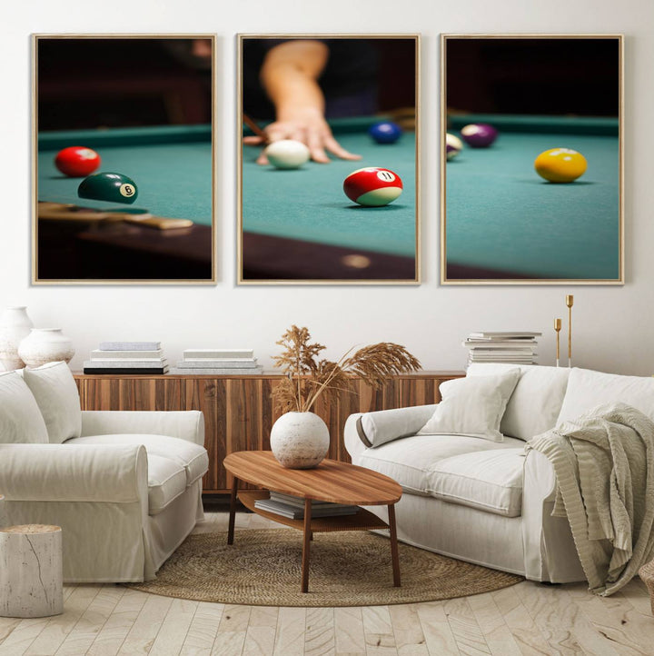 The Large Wall Art Billiard Balls Canvas Print hangs prominently on the wall.