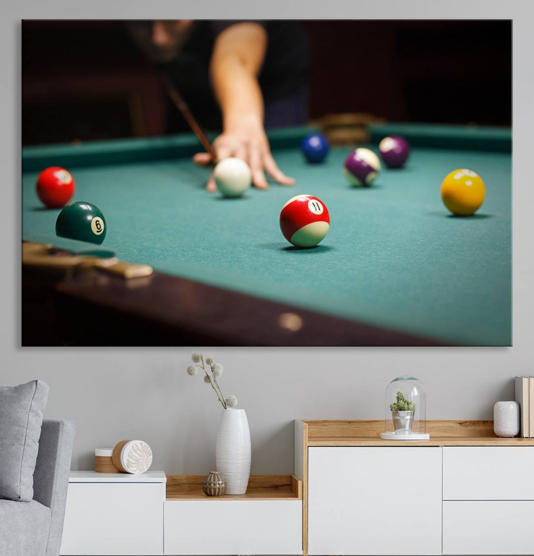 The Large Wall Art Billiard Balls Canvas Print hangs prominently on the wall.