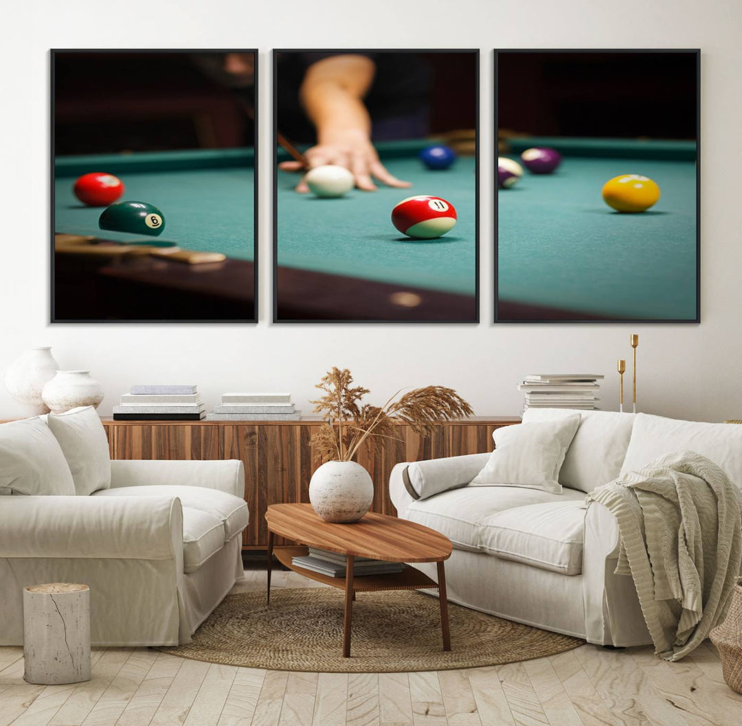 The Large Wall Art Billiard Balls Canvas Print hangs prominently on the wall.