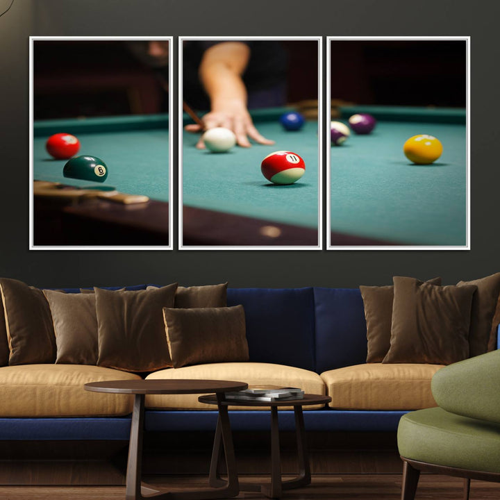 The Large Wall Art Billiard Balls Canvas Print hangs prominently on the wall.