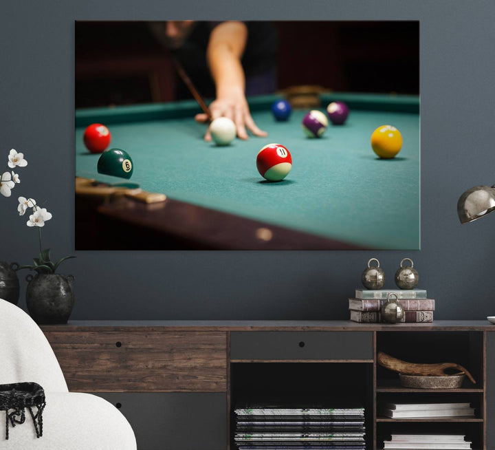 The Large Wall Art Billiard Balls Canvas Print hangs prominently on the wall.