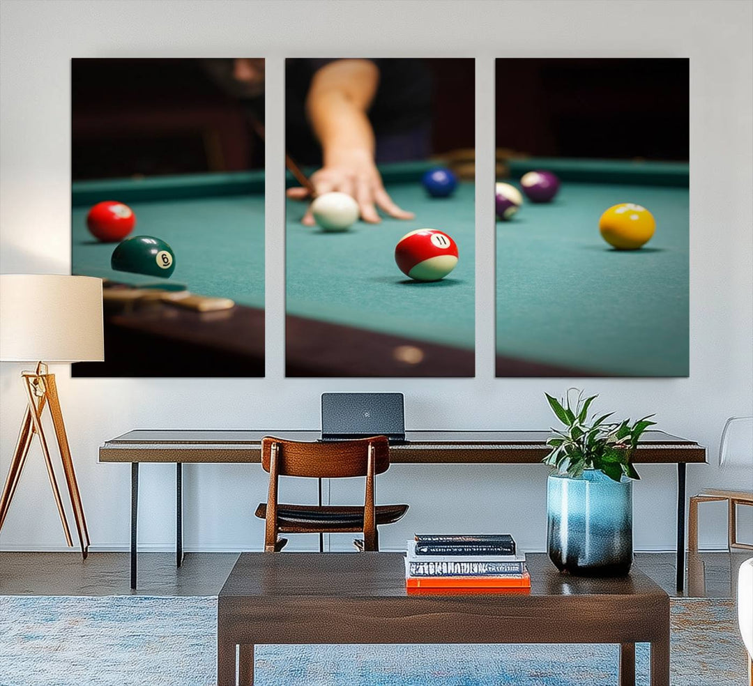 The Large Wall Art Billiard Balls Canvas Print hangs prominently on the wall.