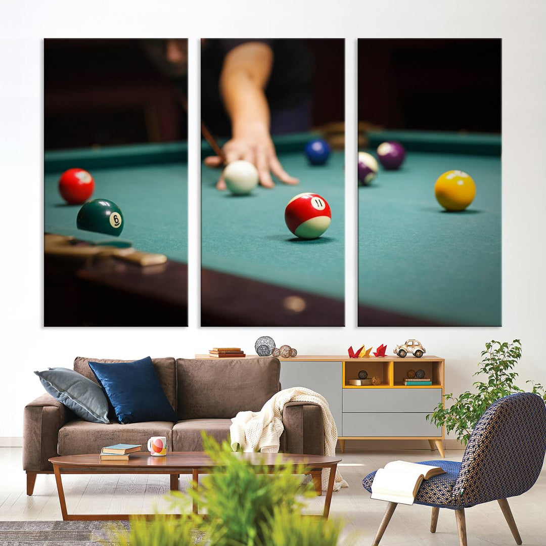 The Large Wall Art Billiard Balls Canvas Print hangs prominently on the wall.