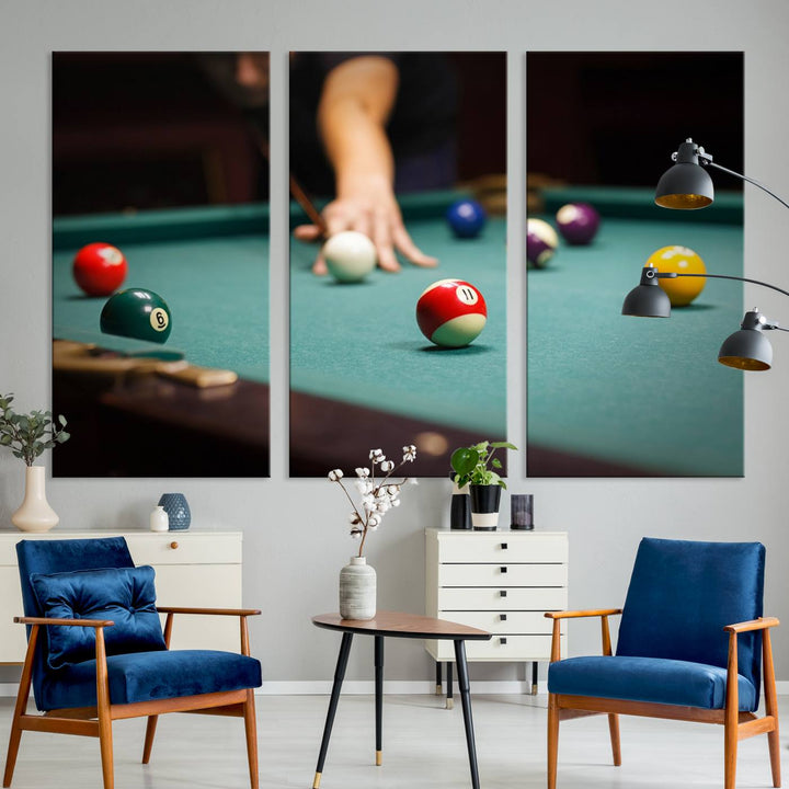 The Large Wall Art Billiard Balls Canvas Print hangs prominently on the wall.