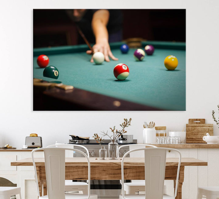 The Large Wall Art Billiard Balls Canvas Print hangs prominently on the wall.