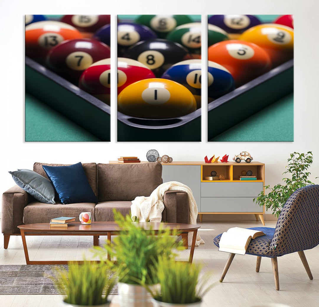 The dining room features a Billiard Balls Canvas Print showcasing colorful balls in a triangle rack.