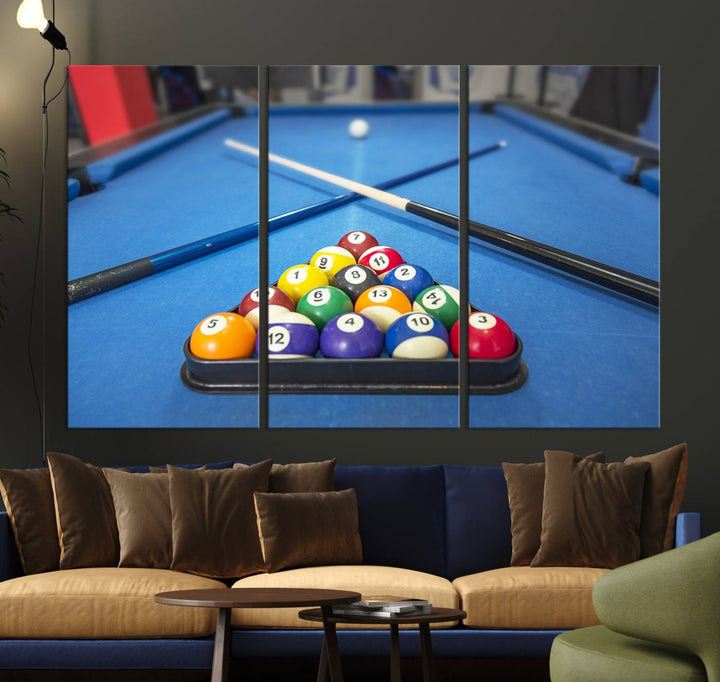 Billiard balls rack with crossed cues, ideal for large canvas wall art: Pool Games Canvas Print.