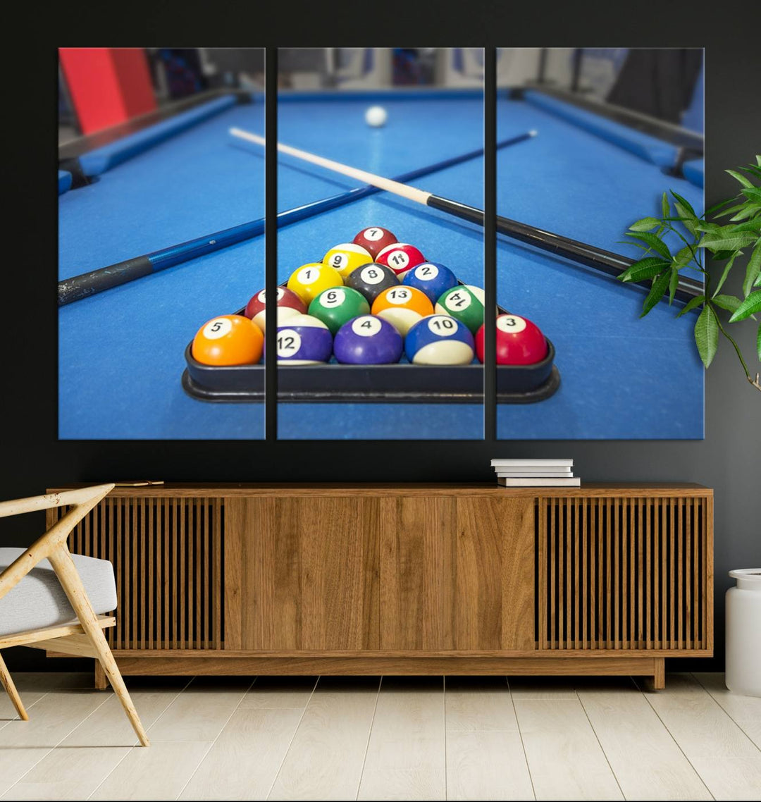 Billiard balls rack with crossed cues, ideal for large canvas wall art: Pool Games Canvas Print.