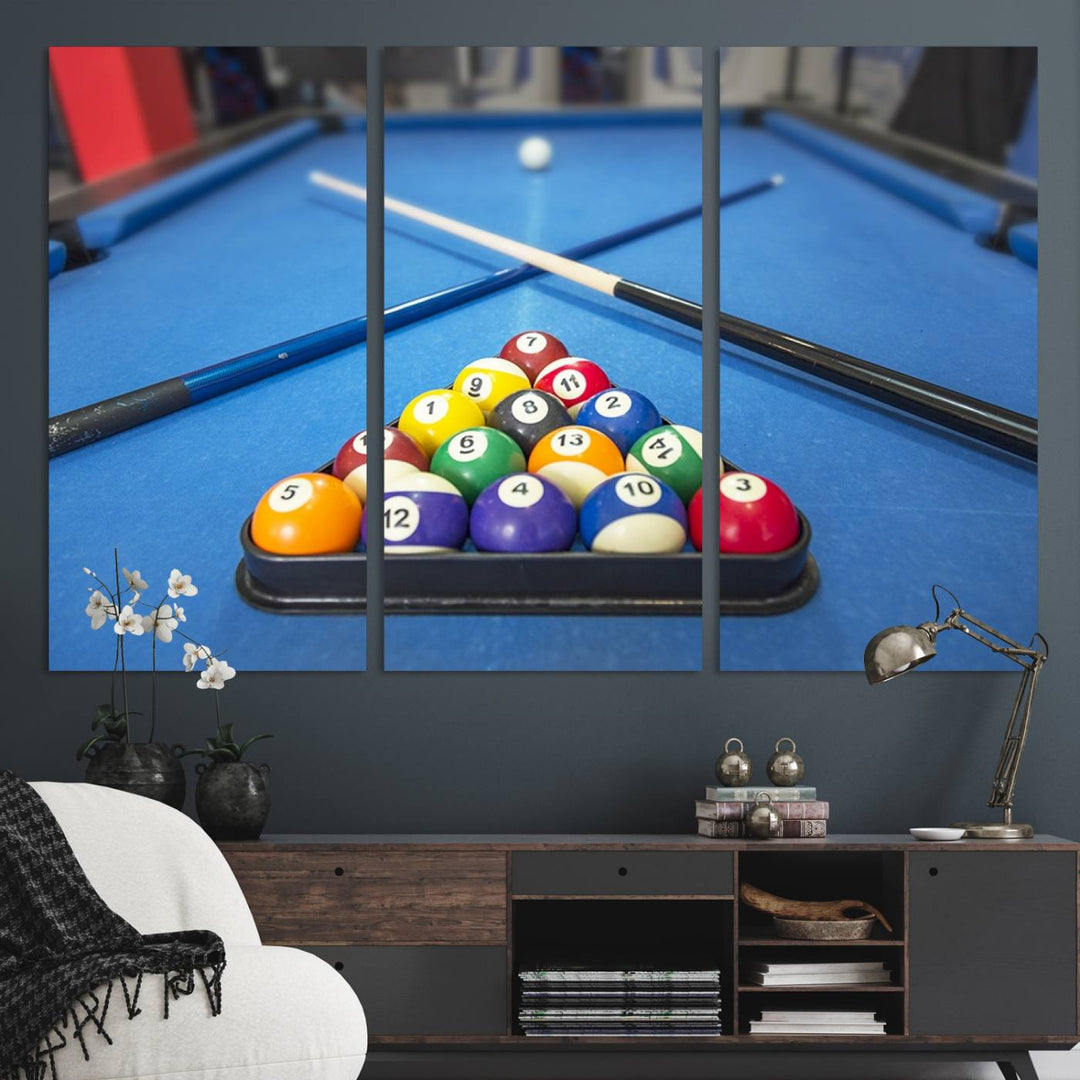 Billiard balls rack with crossed cues, ideal for large canvas wall art: Pool Games Canvas Print.